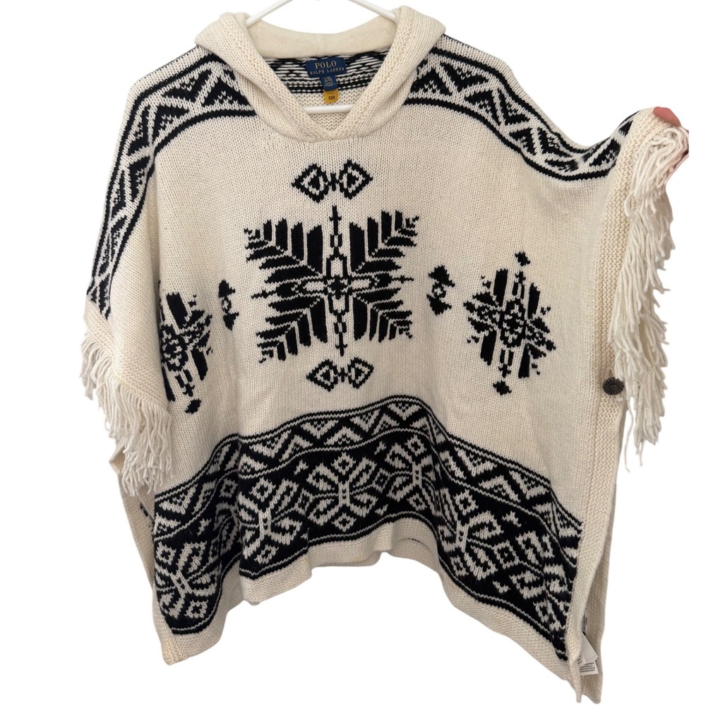 Polo Ralph Lauren Poncho Womens L/XL White Black Fair Isle Snowflake Hooded Cape